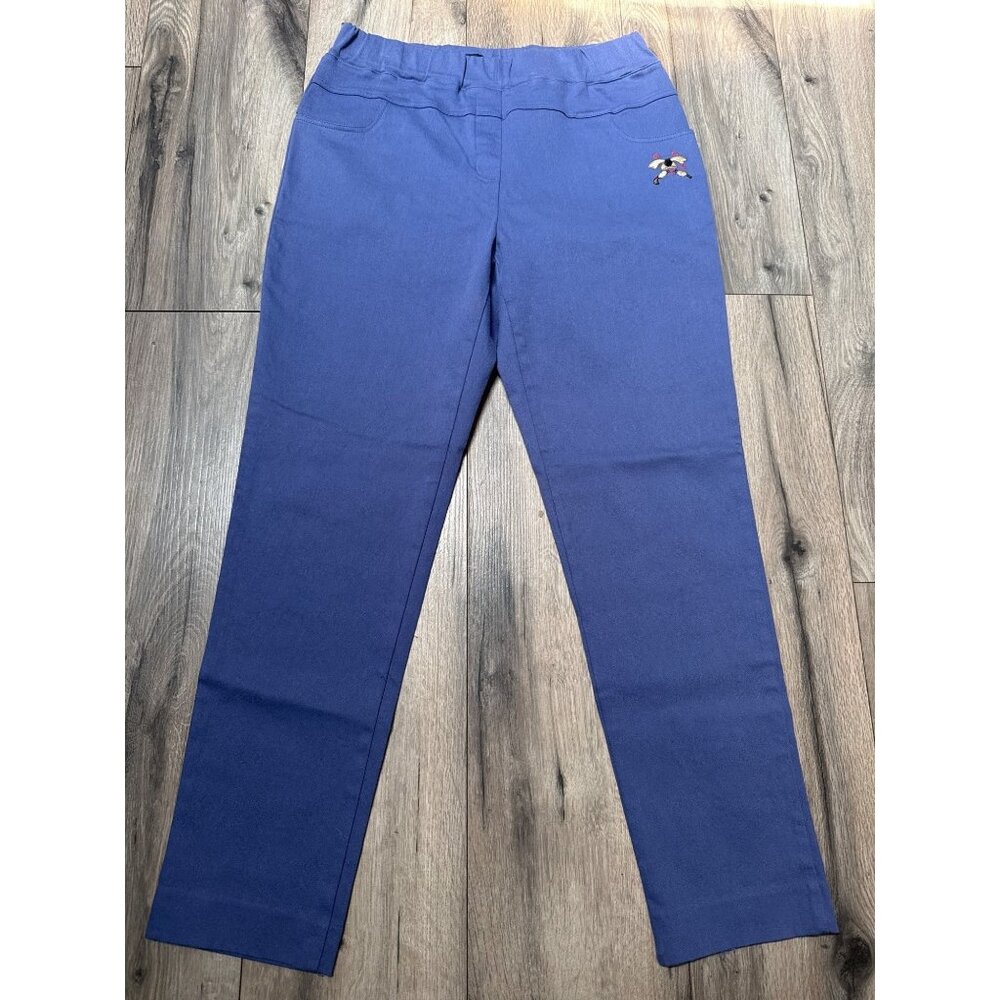 James Golf Wear Grand Slam Blue Womens 9 Pants With Embroidered Dog Design